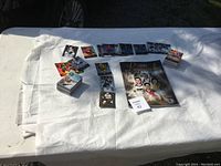 Table display of Tim Hortons hockey cards and 2008 Legends book honoring hockey players