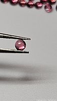 Close-up image of a small round cabochon garnet gemstone held by tweezers, showing a deep reddish color.