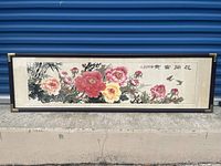 Full view of the large framed vintage Chinese floral artwork showing colorful peonies and calligraphy.