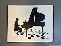Framed oil on canvas painting showing a silhouette of a man playing a grand piano, black and white, signed by Lee Reynolds.