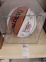 Basketball inside clear acrylic case showing multiple autographs.