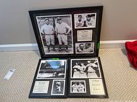 Full view of the three framed baseball themed pieces placed on carpet showing black and white pictures and stats cards.