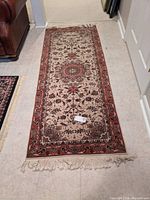 Full length view of fringed carpet runner on tiled floor, shows overall design and condition