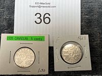 Two Canadian 5 cent coins from 1928 and 1929 mounted in cardboard holders.