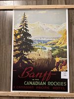 Full view of vintage Banff Canadian Pacific Hotel poster showing details of mountain and river landscape, hotel building, and foreground figure.