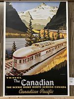 Full view of the vintage Canadian Pacific train travel poster with mountain scenery and dome train.