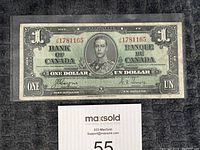 Front of 1937 Bank of Canada $1 bill showing King George VI portrait and serial N1781165