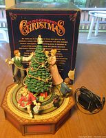Overall view of electric animated Christmas figurine scene with box in background