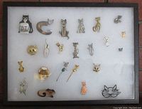 Frontal view of display box showing 23 varied cat pins of different materials and colors pinned inside a white display board framed with wood.