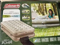 Box showing Coleman 4-in-1 Quickbed Airbed with usage configurations and branding.