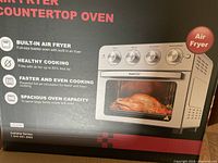 Box front showing image of Geek Chef Air Fryer Countertop Oven, highlighting built-in air fryer, healthy cooking, faster and even cooking, spacious oven capacity features.