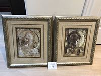 Two sepia-toned framed female profile portraits side by side on a wall.