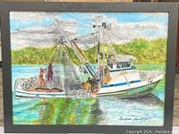 Framed watercolor or acrylic painting showing a fishing boat on water with fishing nets and crew, signed Douglas Laing 2019