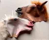 Two full head latex masks, brown horse and white unicorn with mane and horn, displayed on wall.
