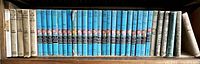 Front view of vintage books on shelf with blue and beige spines, showing lots of Hardy Boys books and some other titles.