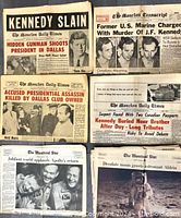 Photo showing six vintage newspapers spread out: four from The Moncton Daily Times/Transcript about JFK assassination, and two from The Montreal Star about Apollo missions.