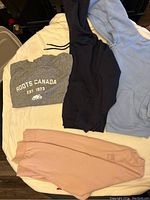 Four folded hoodies and sweatshirts on a white surface: gray Roots Canada sweatshirt, light blue Twik hoodie, black hoodie, and light pink hoodie.