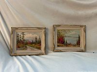 Both oil paintings displayed side by side on a cloth backdrop showing the whole lot