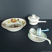 Full lot showing all items: two Franciscan cereal bowls, Villeroy & Boch sauce pot with lid, two Nippon hand painted spoons, Royal Doulton butter pat with plate.