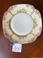 Top view of a single porcelain plate featuring pink flowers and tree branches around the border, showing no chips or cracks.