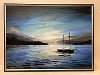 Full view of framed acrylic painting showing a lake scene with sailboat and mountain backdrop