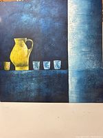 Full view of the modern oil painting showing the yellow pitcher and four blue glasses against a deep blue background with textured brushwork.