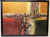 Full frontal view of abstract oil painting in black frame