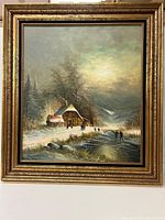 Framed oil painting of a snowy winter scene with figures ice skating and a barn, under a cloudy sky.