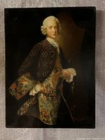 Full view of antique oil on board portrait painting showing a young man in 18th-century dress, signed Pelling in bottom right.