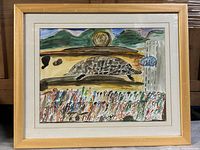 Framed watercolour painting depicting a tortoise, colorful crowd, mountains, and spiral sun.