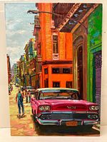 Full front view of the painting showing the street scene with pink vintage car, colorful buildings, and pedestrians.