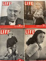 Photo of four vintage LIFE magazines from 1948 and 1949 with visible covers showing various black and white photographic portraits and scenes.