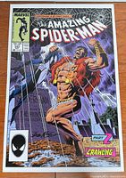 Front view of the poster showing Amazing Spider-Man #293 cover art with Kraven the Hunter shouting in rain with cityscape background and Spider-Man's web.