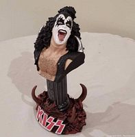 Front view of the Gene Simmons KISS Demon bust showing head, upper chest, detailed face paint and base with KISS logo and horns.