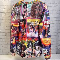 Back view of the KISS comic 2XL sweatshirt showing detailed comic strip artwork featuring band members, scenes, and speech bubbles.