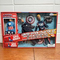 Front view of the limited edition Captain America play set in original sealed box showing two Captain America figures and multiple costumes and accessories.