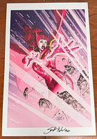 Full view of Scarlet Witch comic cover art poster in pink tones showing character using magic with floating rocks