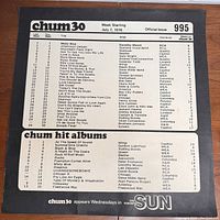 Vintage 1976 Toronto Sun CHUM Chart from July 7, 1976, showing the top 30 weekly hits with details on artists, distributors, weeks on chart and song titles along with a list of top hit albums.