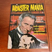 Front cover of Monster Mania magazine issue #3 April 1967 showing Peter Cushing and skull image with yellow title text.