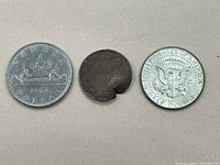 Three coins laid side by side facing upwards showing front and back designs: 1967 Canadian silver dollar, 1908 Indian Head penny, 1968 US Kennedy half dollar