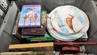 Top view of storage bin showing Elvis VHS, Flintstones game, bird designed earthenware plates, and other items