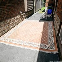 Full view of the large peach pink area rug laid out on driveway showing size and overall condition.