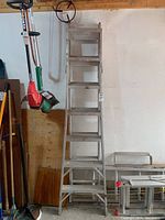 Full front view of aluminum step ladder showing all steps and weathered condition.