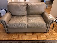 Full front view of the two-cushion loveseat showing wear and overall shape.