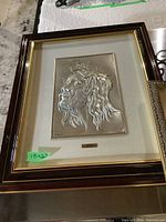 Framed sterling silver relief art piece of Jesus Christ with crown of thorns, wood frame with gold trim