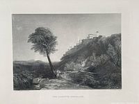 Close view of engraving 'The Loretto Breakach' showing a hillside with a distant estate and a bent tree in the foreground.