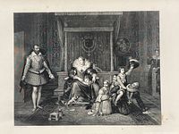Engraving depicting a royal family scene with multiple figures in period clothing inside a detailed interior.