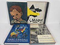 Four art books displayed upright showing cover art and titles: Picasso, Braque, Chagall, and Steinhardt.