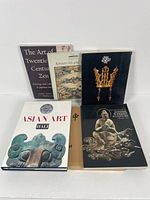 Top view of the 6 books showing front covers, including 'The Art of Twentieth Century Zen', Korean Art titles, Asian Art Hall, and a black cover with golden crown artwork.