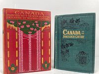 Front covers of two vintage Canadiana books: one green titled 'Progress of Canada in the Nineteenth Century' and one red titled 'Canada Painted by T. Mower-Martin'.